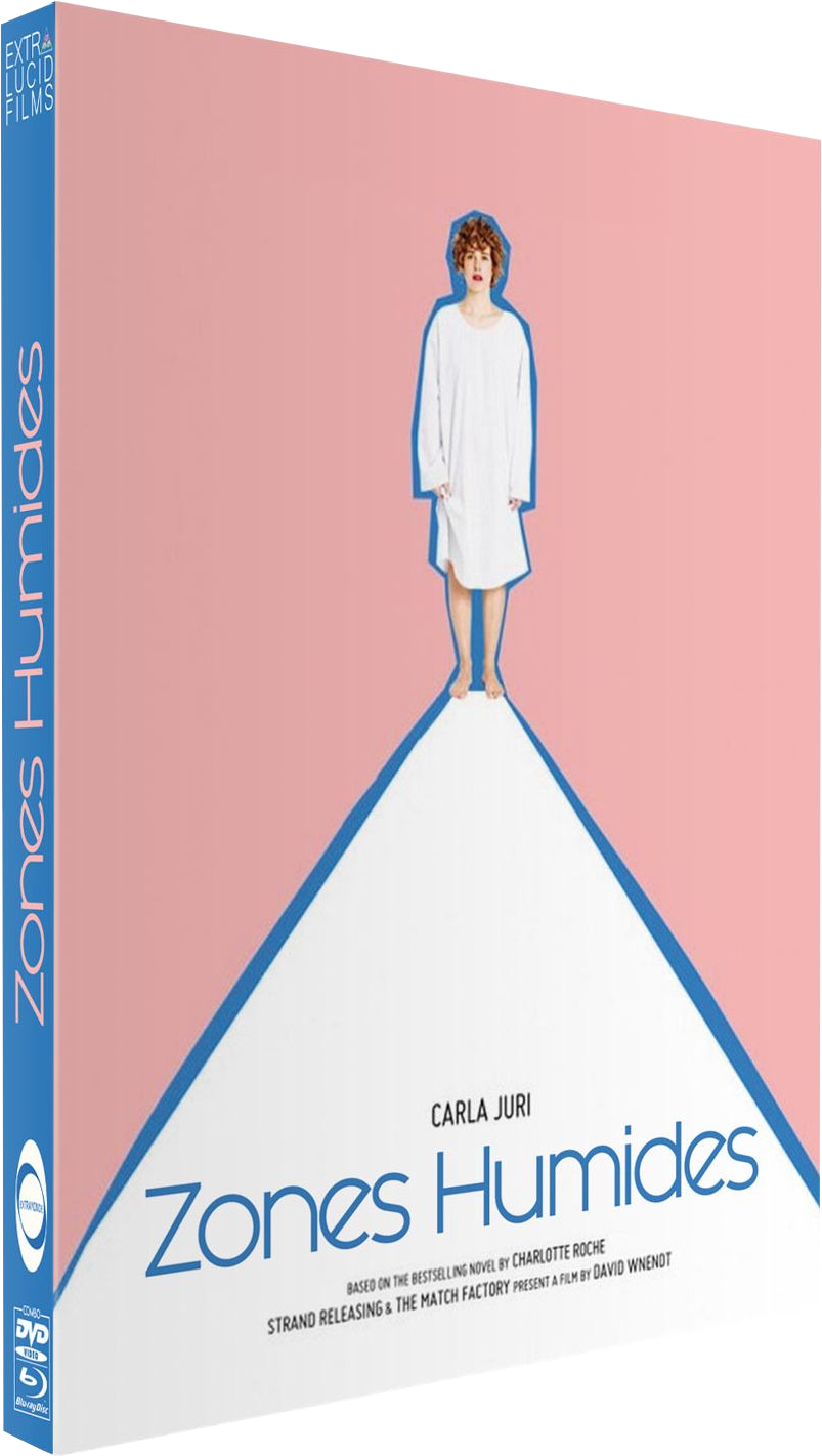 DVD-hoes voor Zones Humides. Vrouw in witte jurk staat aan het einde van een blauwe lijn.