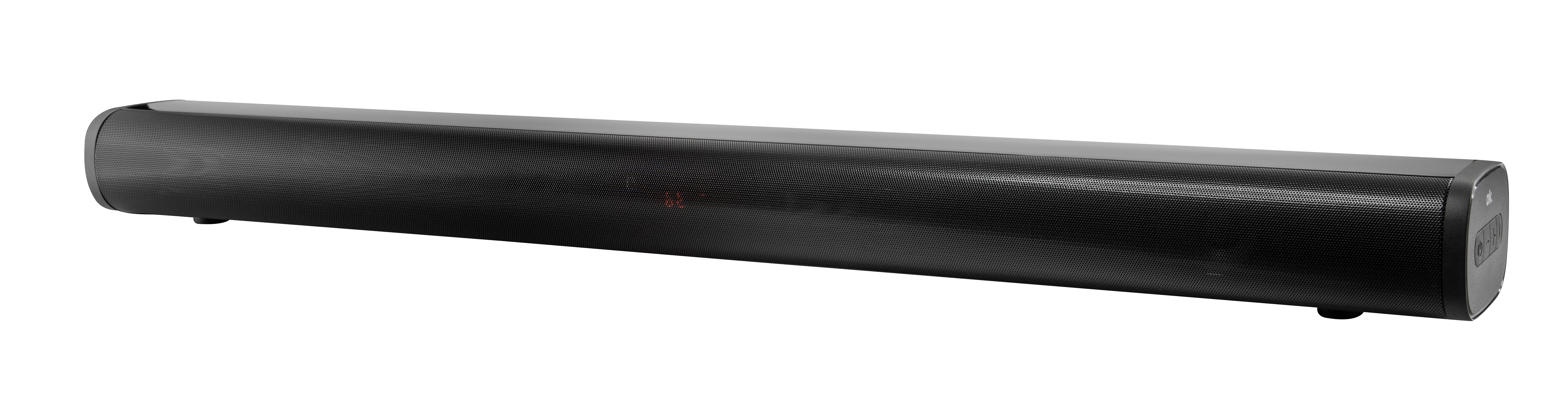 Eine schwarze Soundbar. Die Leiste ist lang und rechteckig, mit einer Netzfront.