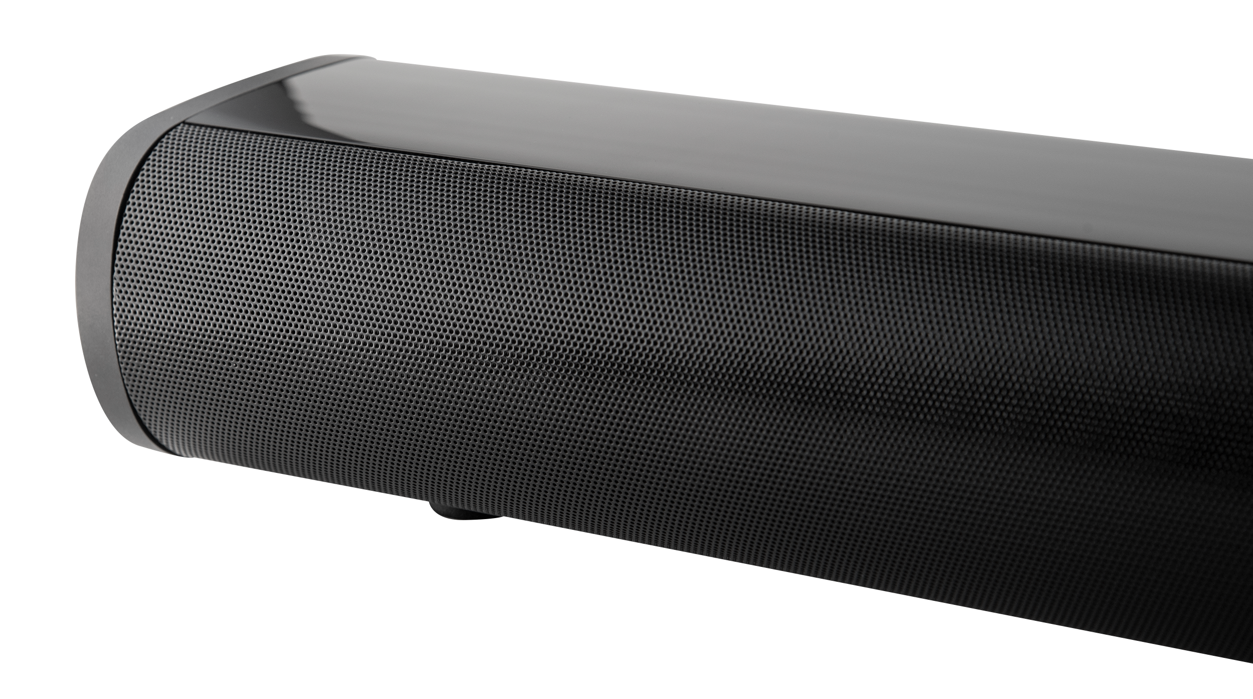 Schwarzer Soundbar-Lautsprecher mit Mesh-Front. Glatte, glänzende Oberseite.