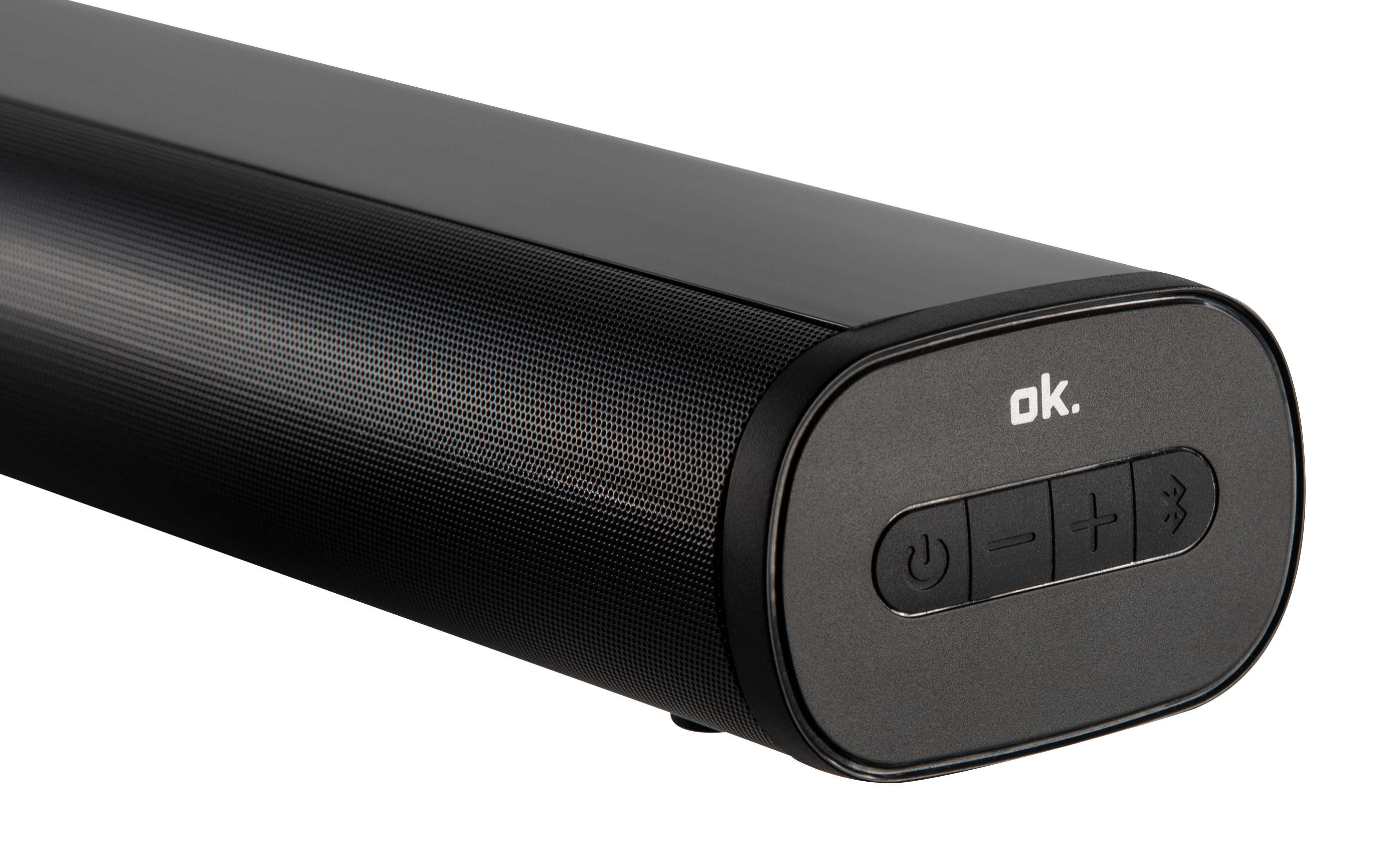 Schwarze Soundbar mit Bedientasten rechts, einschließlich Ein/Aus, Lautstärke und Bluetooth, auf schwarzem Hintergrund.