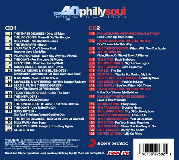 CD-hoes met tracklists voor 'Top 40 Philly Soul' met rode en witte tekst. Titel bovenaan.