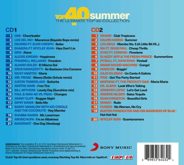 CD-hoes met tracklists voor 'Top 40 Summer' met oranje en witte tekst. Titel bovenaan.