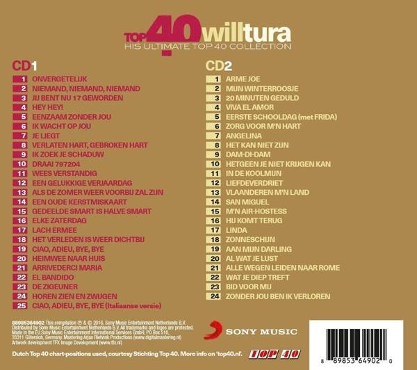Couverture du CD Top 40 Willtura avec listes de titres pour deux CD et un logo Sony Music.