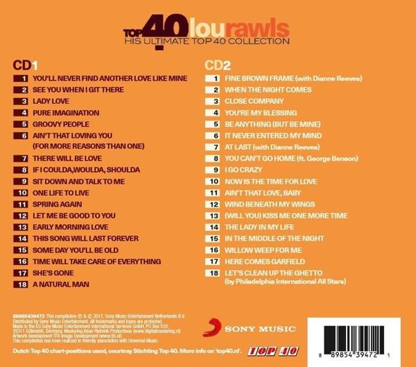 Albumhoes met songtitels. CD1- en CD2-lijsten. Sony Music-logo onderaan. Oranje-wit kleurenschema.