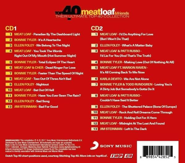 Pochette de CD avec listes de titres pour 'Top 40 Meatloaf & Friends'. Titre en haut, texte rouge et noir.