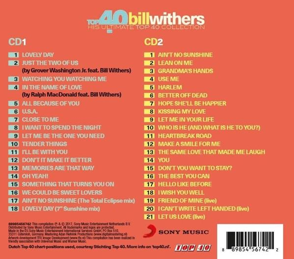 Pochette de CD avec listes de titres pour 'Top 40 Bill Withers'. Titre en haut, texte blanc et noir.