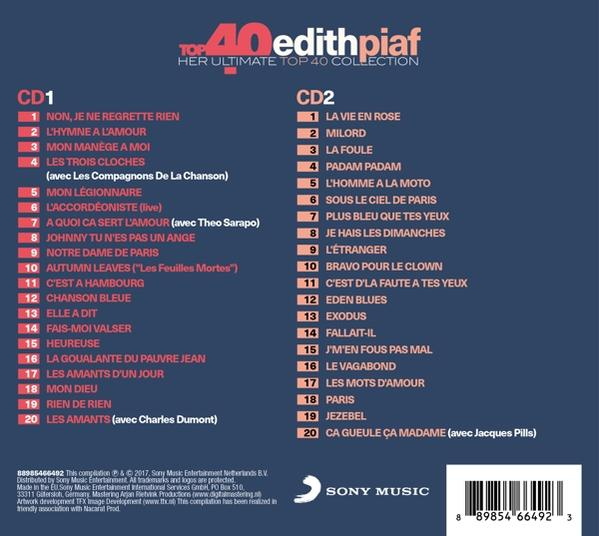 CD hoezen. Het album is "40 Edith Piaf". Tekst geeft CD1 en CD2 nummers en een Sony Music logo onderaan.