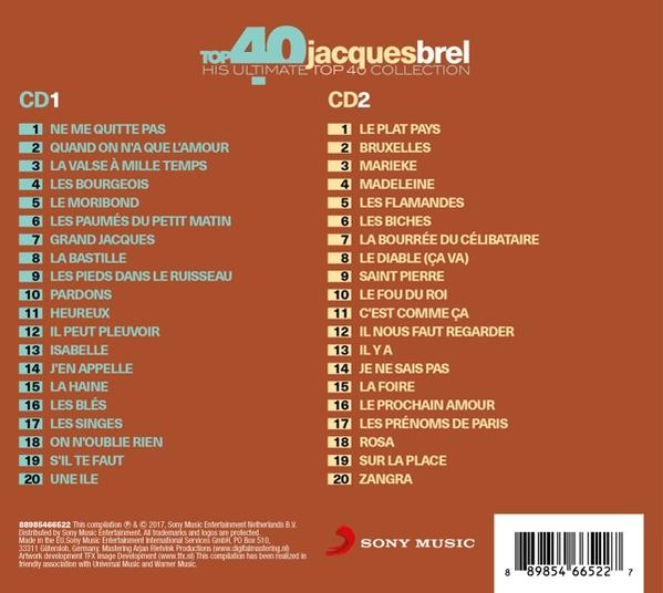 CD-hoes met songteksten, titels en de naam van de artiest, Jacques Brel.