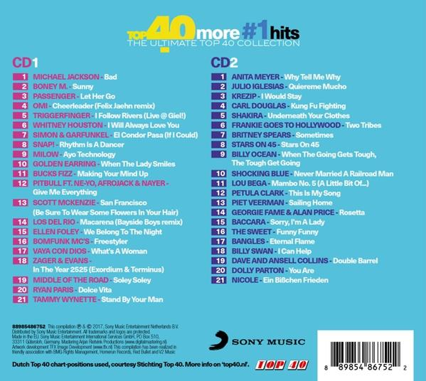 De Ultimate Top 40 Hits cd-compilatie met een lijst met nummers en een Sony Music-logo.