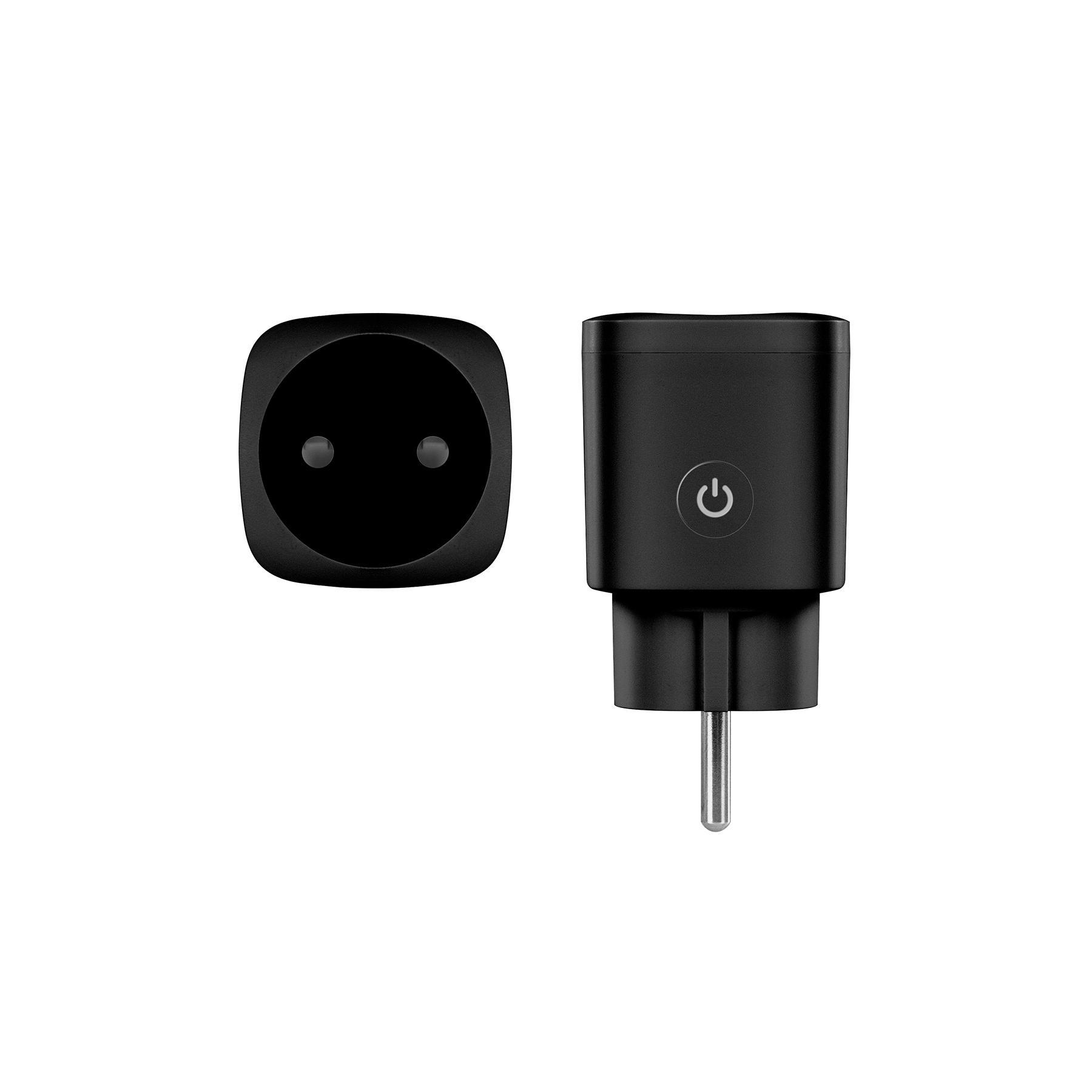 Schwarzer Smart Plug mit Ein/Aus-Taste und Stecker im europäischen Stil.