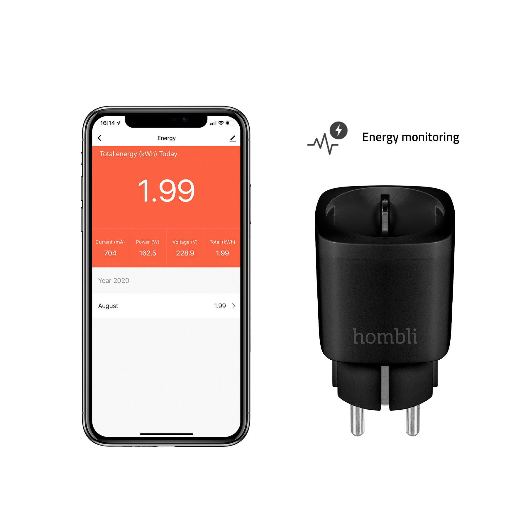 Ein Smartphone zeigt Energiedaten neben einem schwarzen Smart Plug.