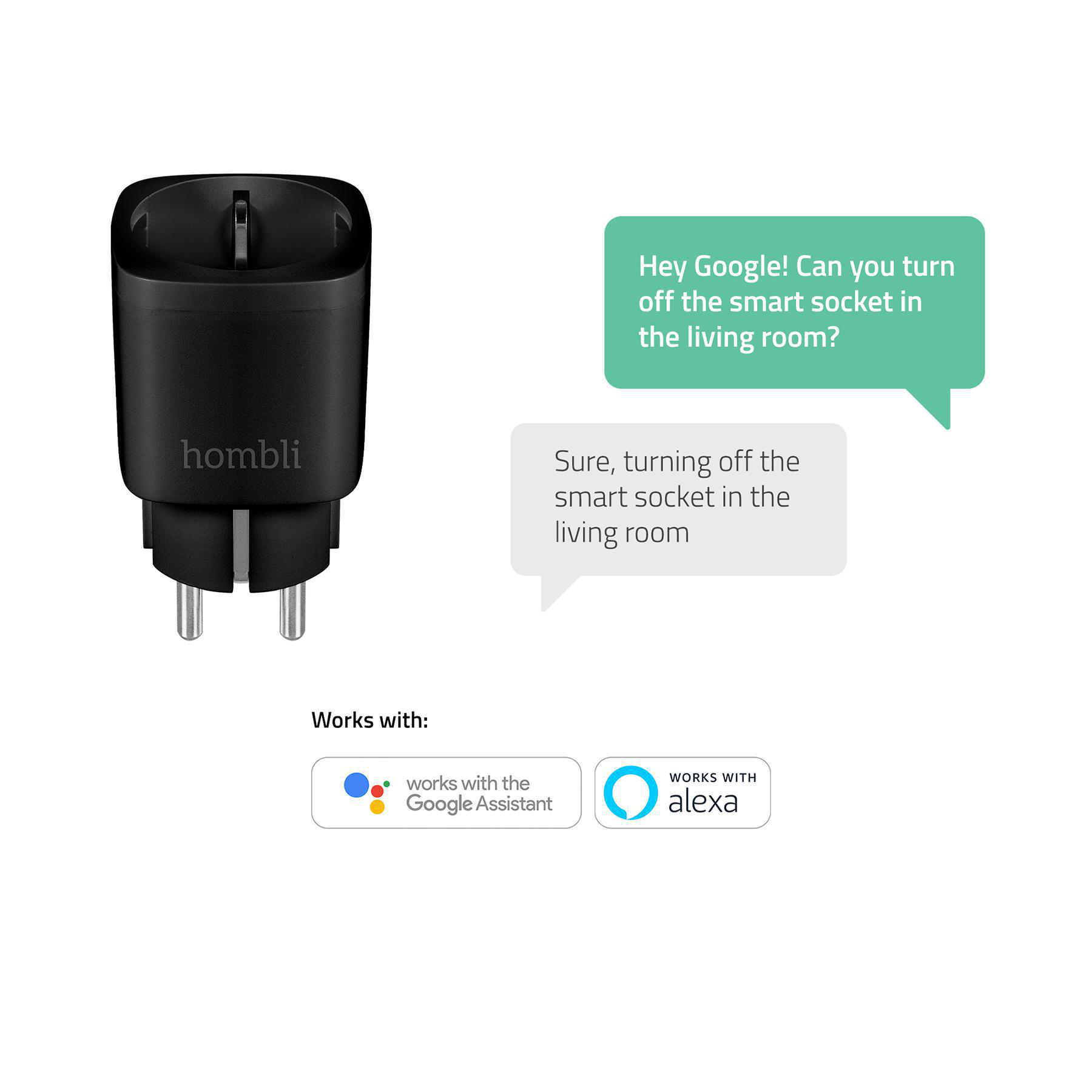 Schwarzer Homli Smart Plug mit zwei Sprechblasen. Funktioniert mit Google Assistant und Alexa.