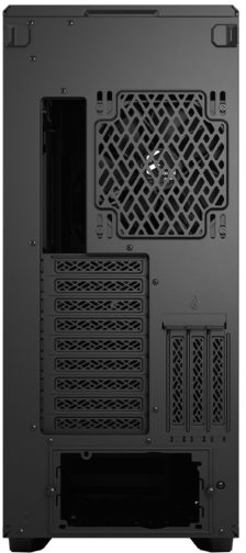Vue arrière d'un boîtier d'ordinateur noir. Il comporte une grille de ventilateur, des logements d'extension et diverses ouvertures.
