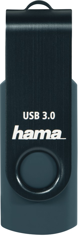 Ein dunkelblauer USB-Stick mit dem Markennamen "hama" und "USB 3.0" darauf. Er hat eine Schlaufe oben.