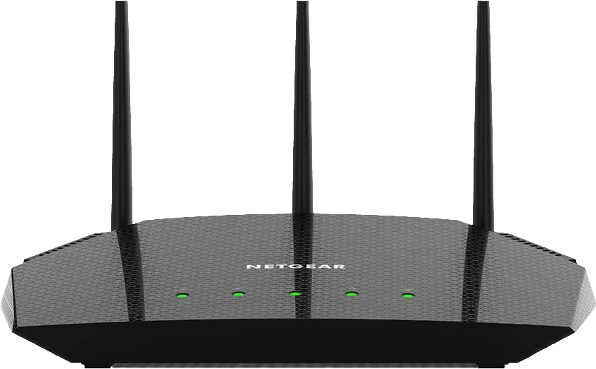 Routeur Netgear noir avec trois antennes. Le routeur a trois lumières vertes et est sur un fond blanc.