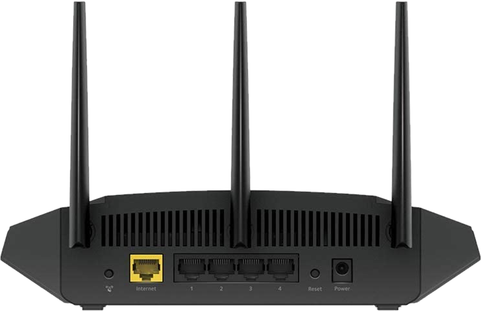 Vue arrière d'un routeur noir avec trois antennes, internet et ports.