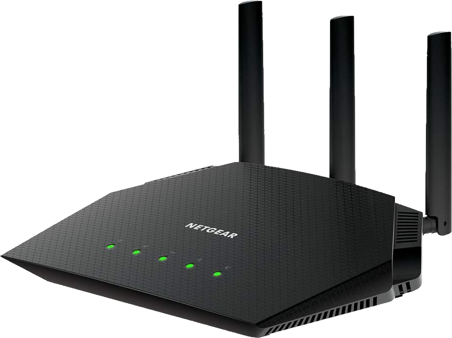 Un routeur Netgear noir avec 3 antennes et des lumières vertes.