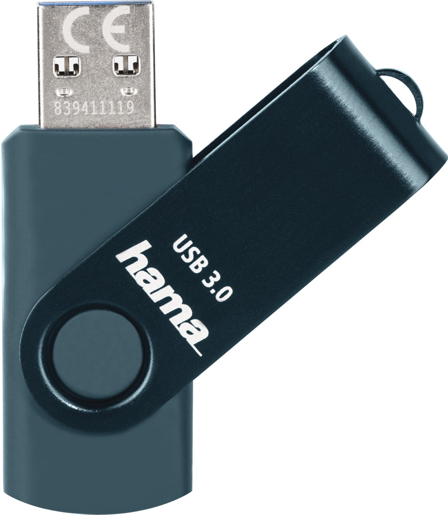 Ein dunkelblauer USB-3.0-Flash-Laufwerk mit geöffneter Kappe.