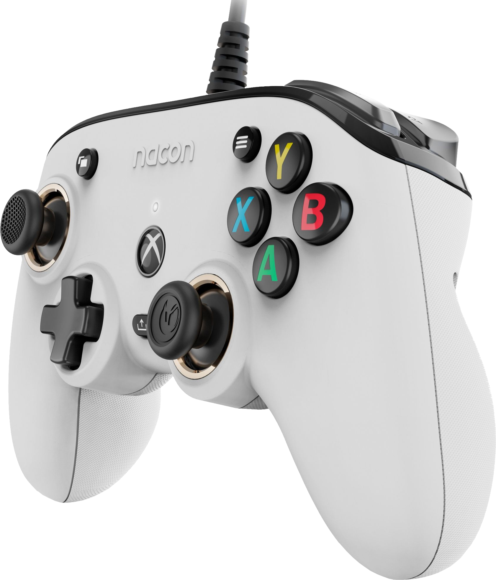 Weiß-schwarzer Xbox-Controller mit farbigen Knöpfen und einem schwarzen Kabel.
