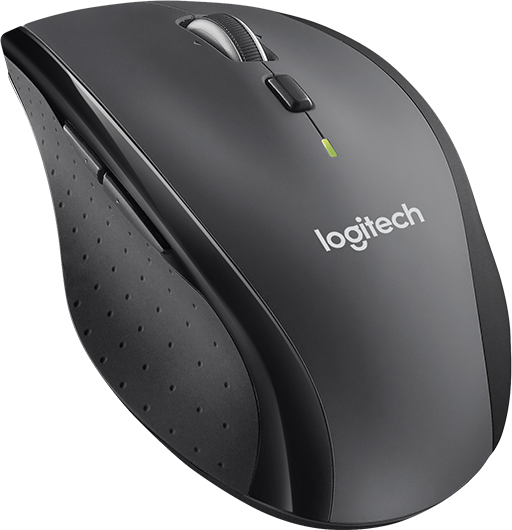 Eine schwarze kabellose Logitech-Maus mit strukturiertem Daumengriff, Mausrad und grünem LED-Anzeigelicht.