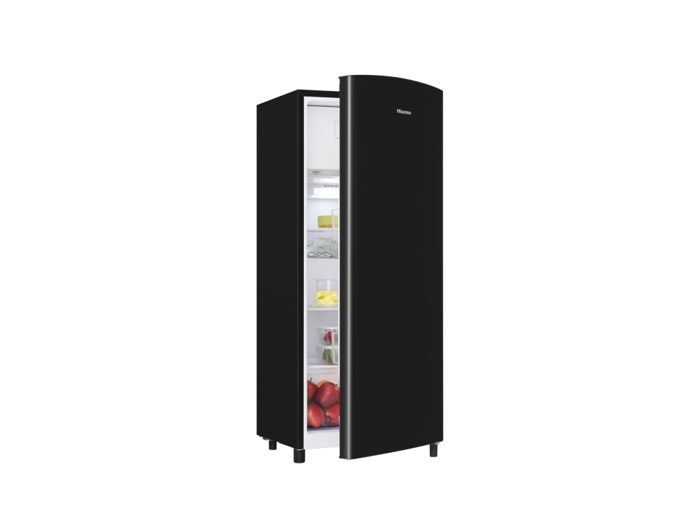 Refrigerador negro con puerta abierta, comida visible dentro.