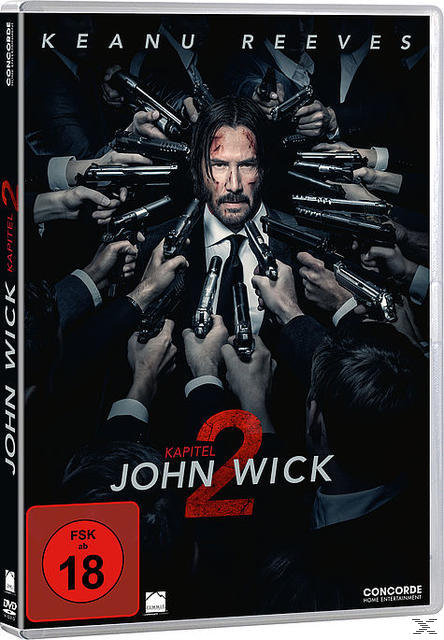 DVD-Cover für den Film 'John Wick 2'. Keanu Reeves im Zentrum, umgeben von Waffen und Händen.