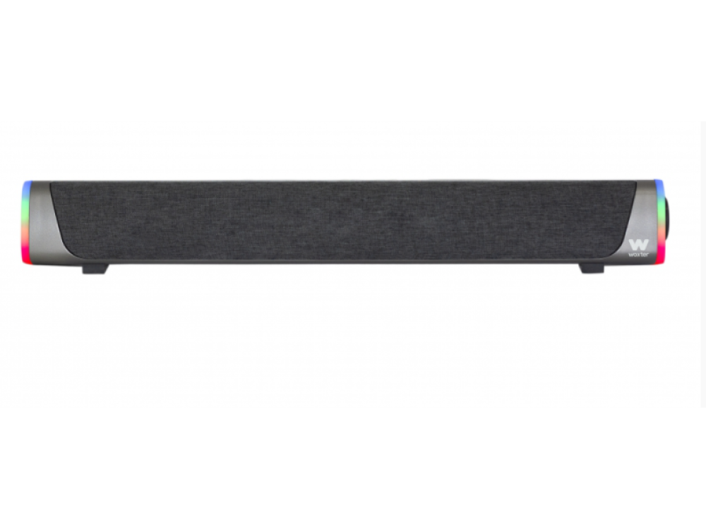 Una barra de sonido larga y negra con una parte frontal de malla gris. Tiene luces de colores en los extremos.