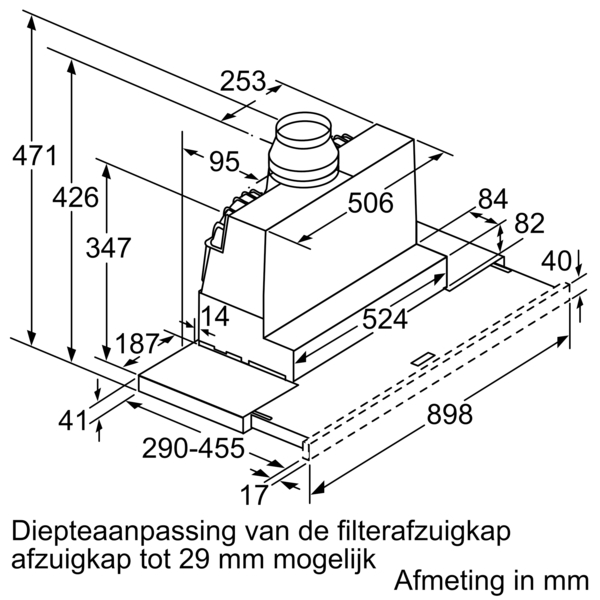 Diagramme d'une hotte de cuisine noire avec des mesures en millimètres.