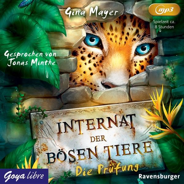 Hörbuchcover mit einem Tigergesicht, das durch eine Steinmauer blickt. Grünes Laub.