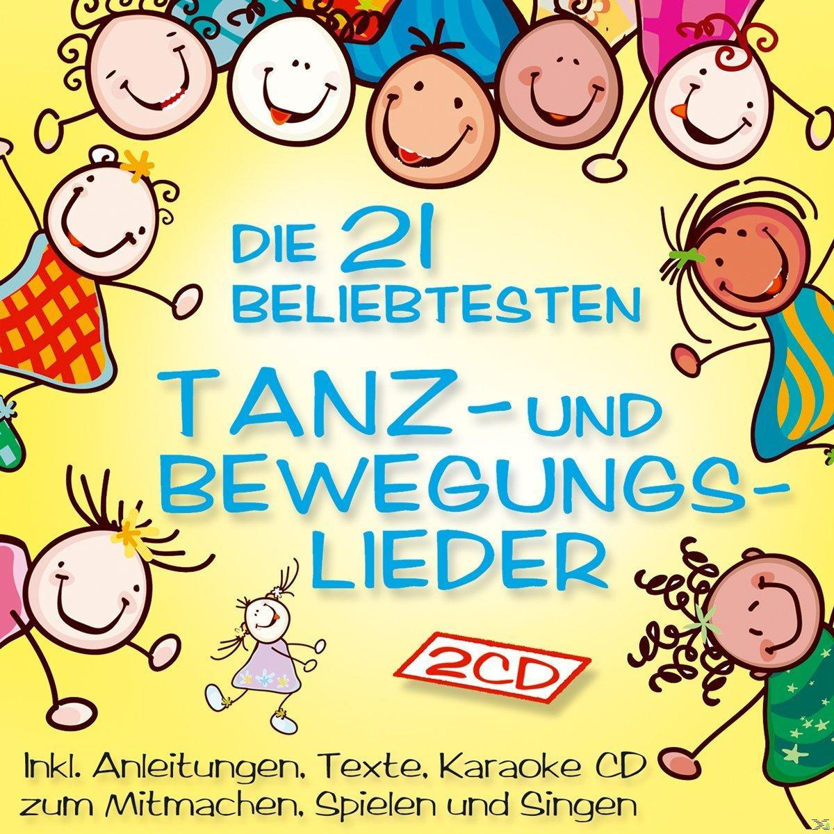 Cover-Art mit Cartoonfiguren und Text auf Deutsch: 'Die 21 beliebtesten Tanz- und Bewegungs-Lieder'.