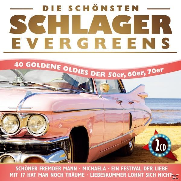 CD-Cover mit rosa Auto am Strand und Text 'Die schönsten Schlager Evergreens'.