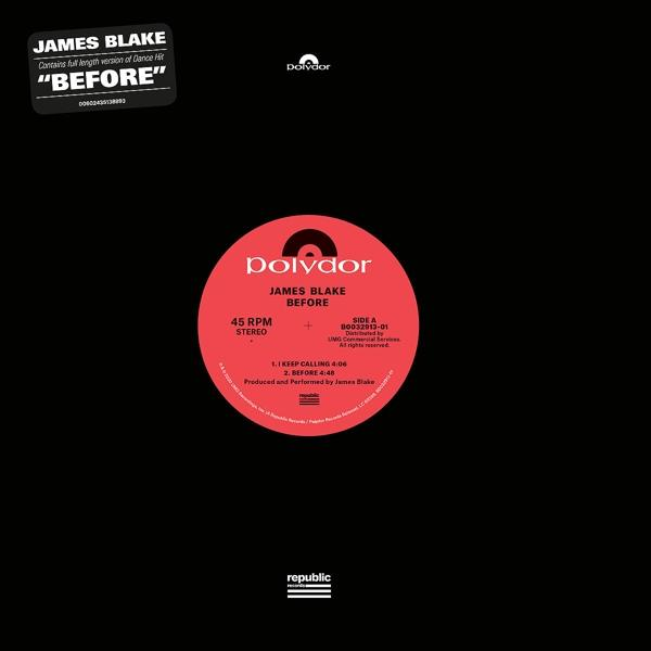 Schwarze Vinylplatte von James Blake, betitelt 'Before'. Rotes Label mit 'Polydor'-Logo.