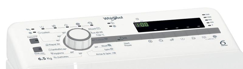 Whirlpool mosógép vezérlőpanel, hasonló az előzőhöz, digitális kijelzővel.
