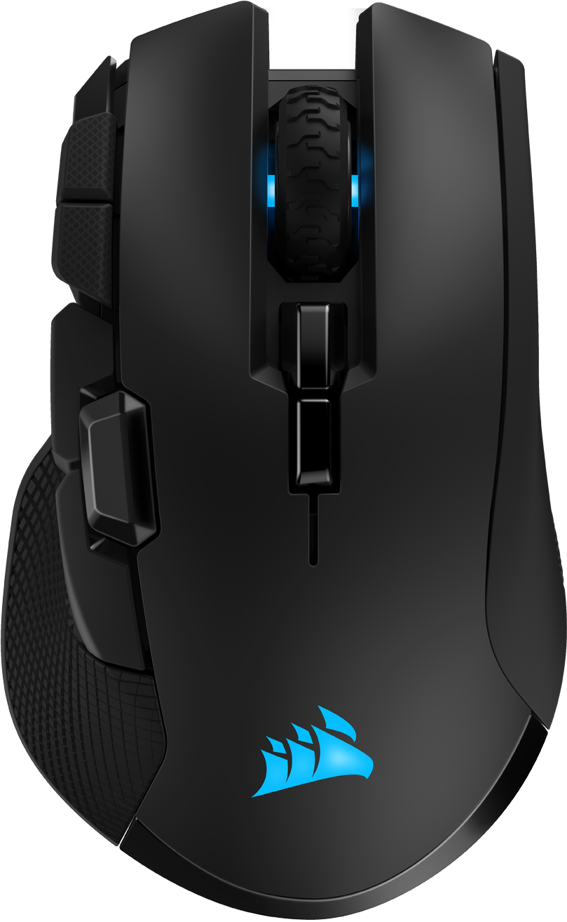 Schwarze Corsair Gaming-Maus, Draufsicht, mit blauen Lichtern am Scrollrad und Logo.