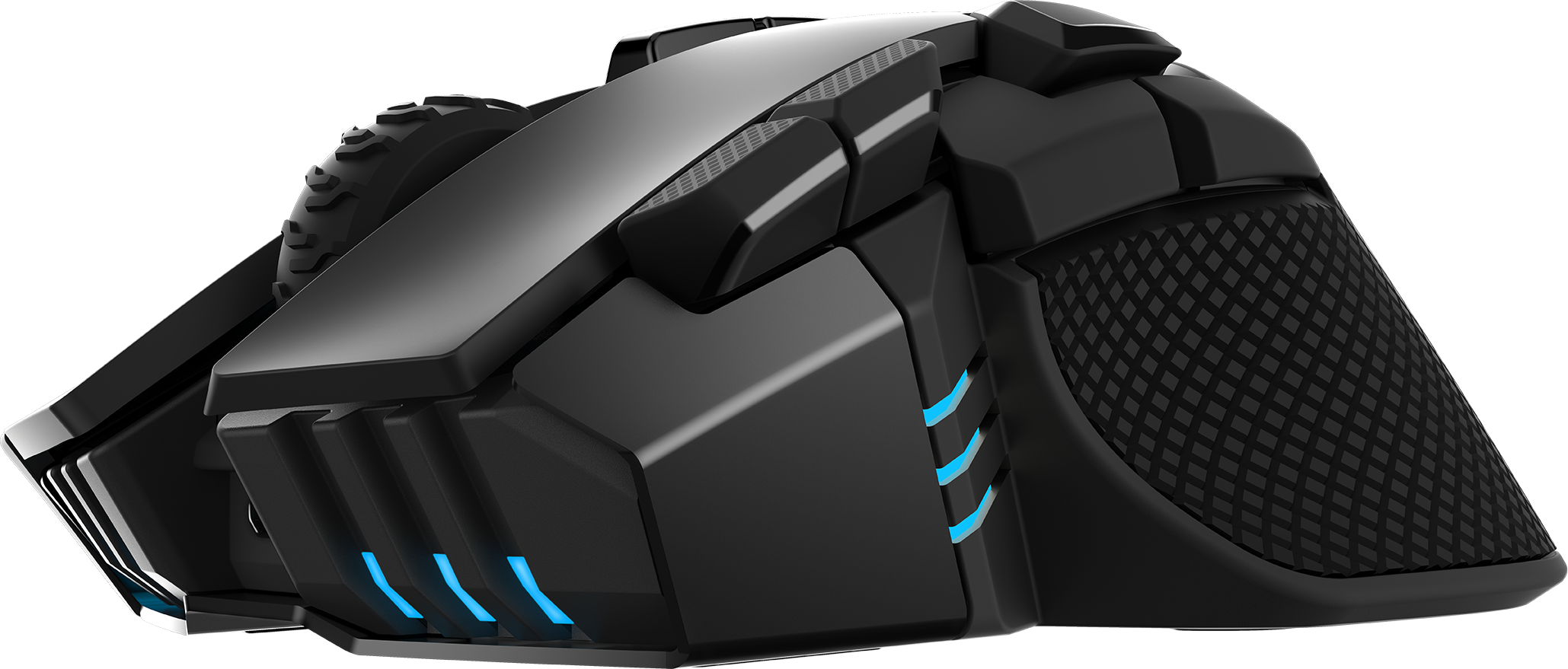 Schwarze Gaming-Maus mit blauen Lichtern und vielen Knöpfen an der Seite.