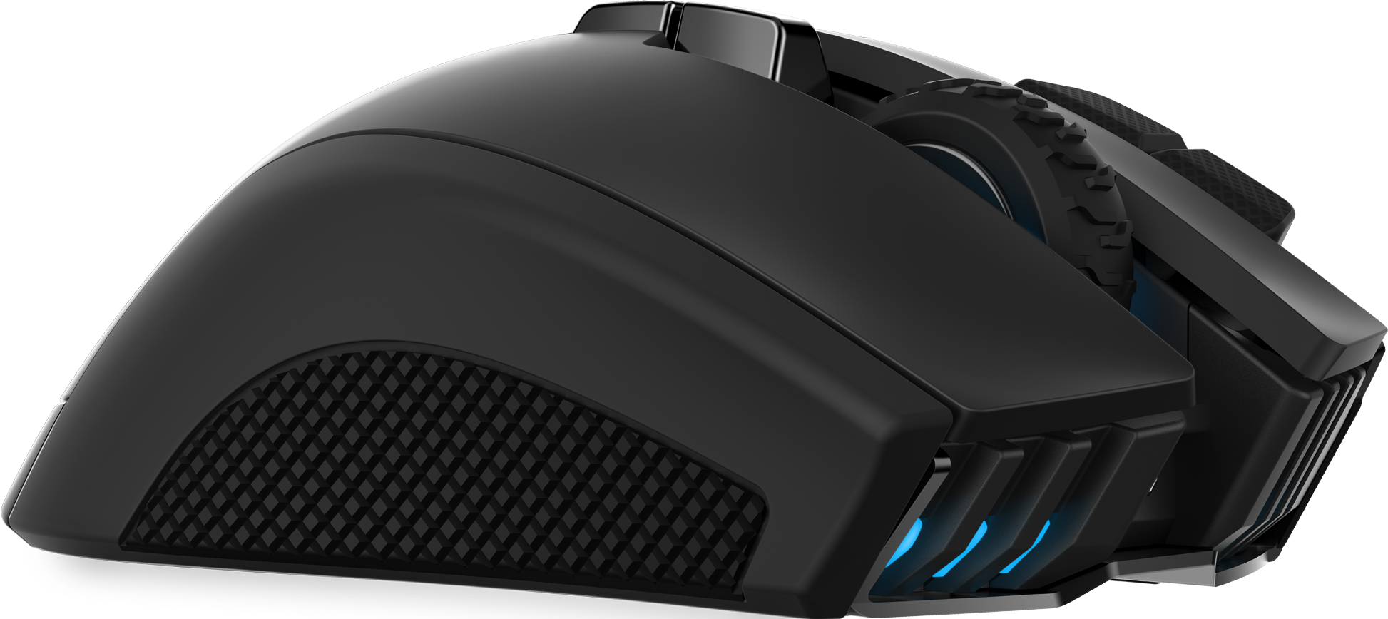 Schwarze Gaming-Maus mit blauen Lichtern. Die Maus hat mehrere Tasten.