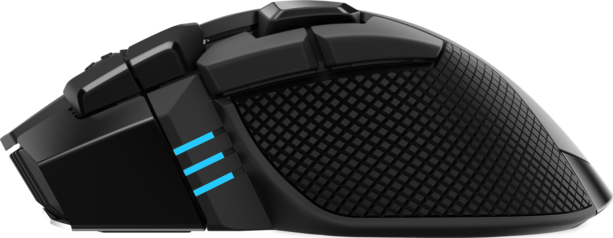 Seitenansicht einer schwarzen Gaming-Maus. Sie hat strukturierte Griffe und blaue Lichter, ergonomisches Design.