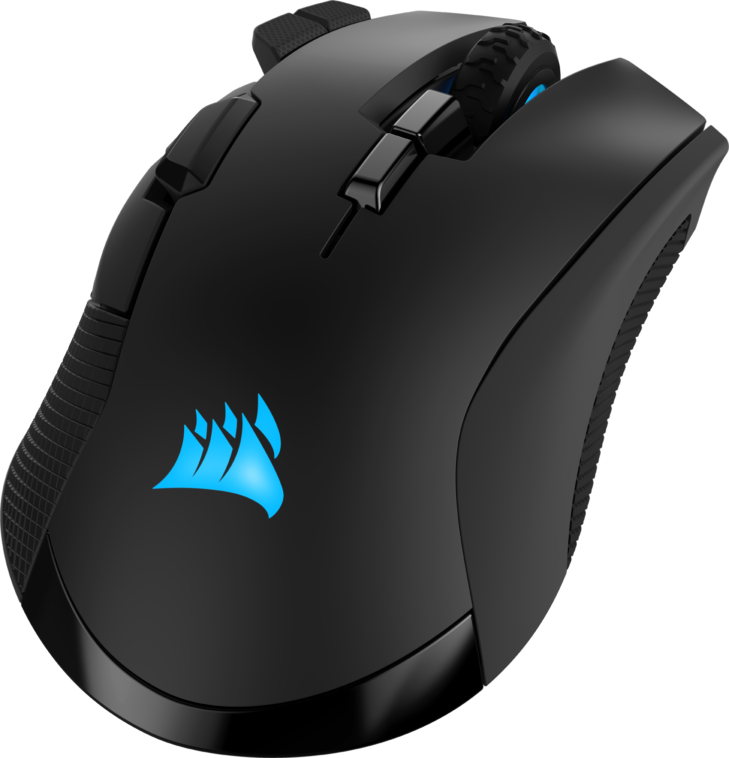Schwarze Gaming-Maus mit blauem Logo und Tasten, auf schwarzem Grund.