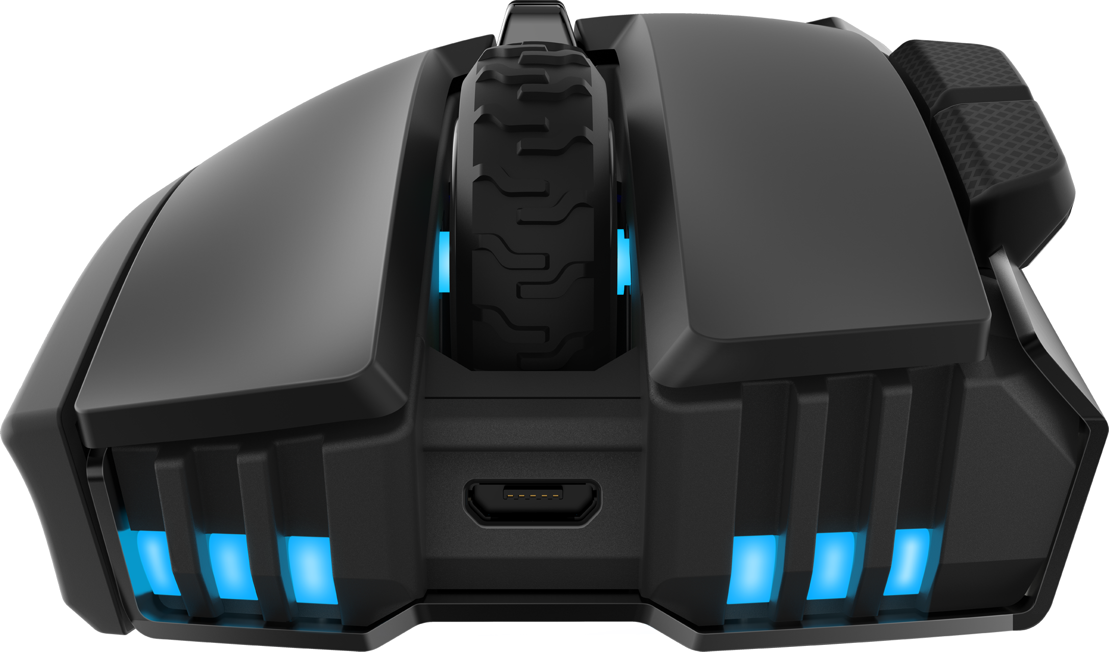 Eine schwarze Gaming-Maus mit blauen Lichtern und einem einzigartigen reifenartigen Scrollrad.