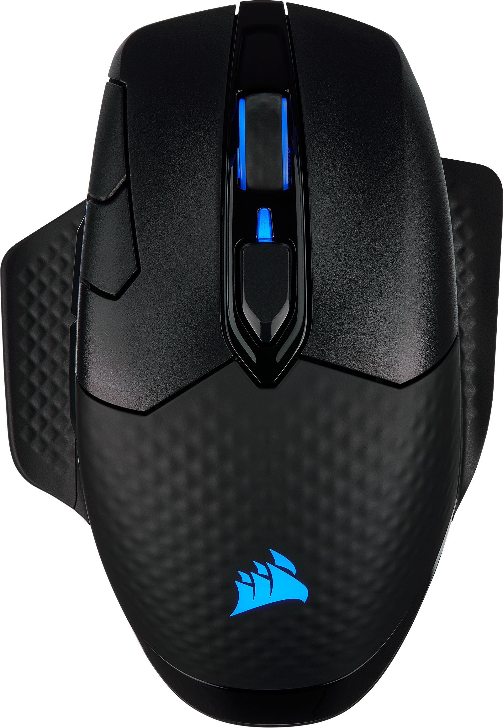 Schwarze Gaming-Maus. Blaue Lichter oben. Corsair-Logo.