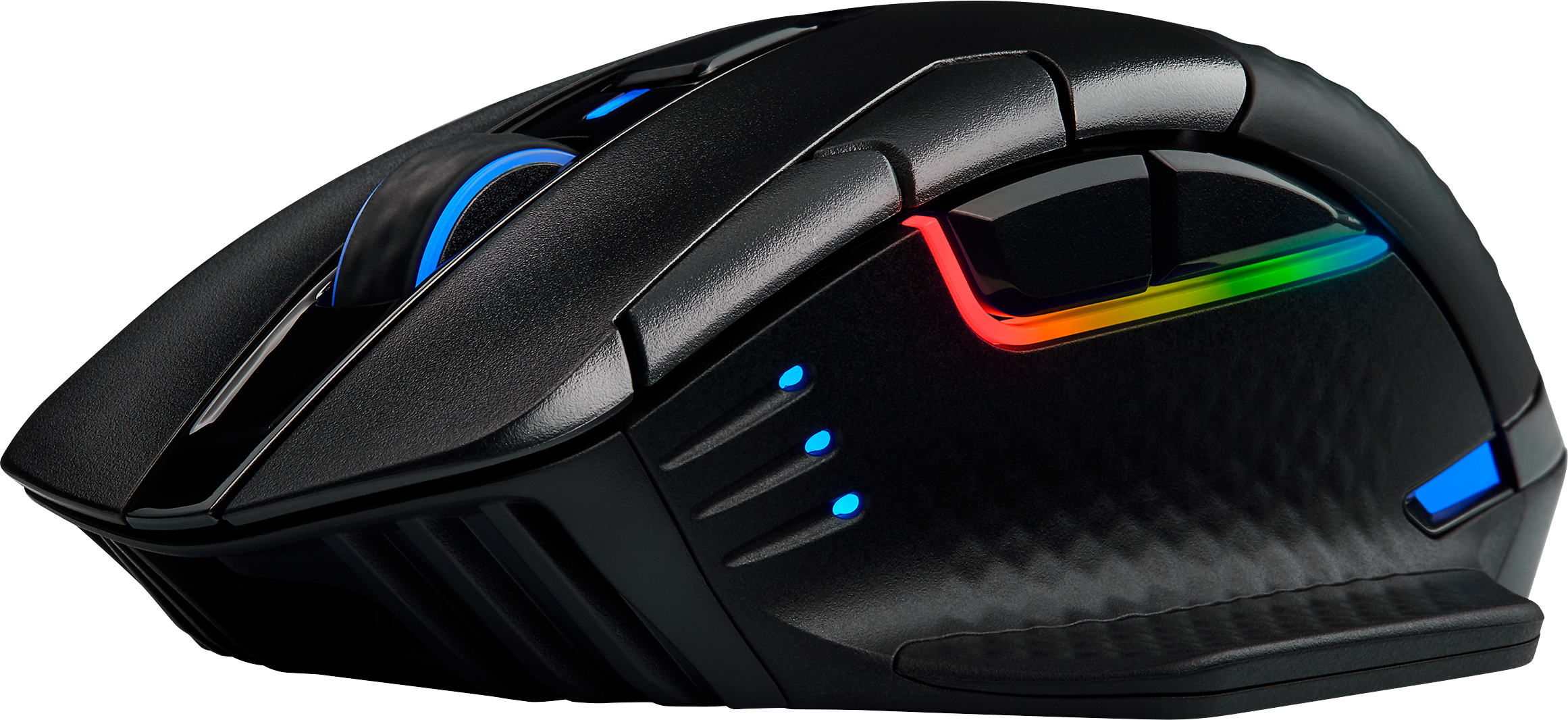 Schwarze Gaming-Maus mit blauen, grünen und roten Lichtern, Seitenansicht. Ergonomisches Design sichtbar.