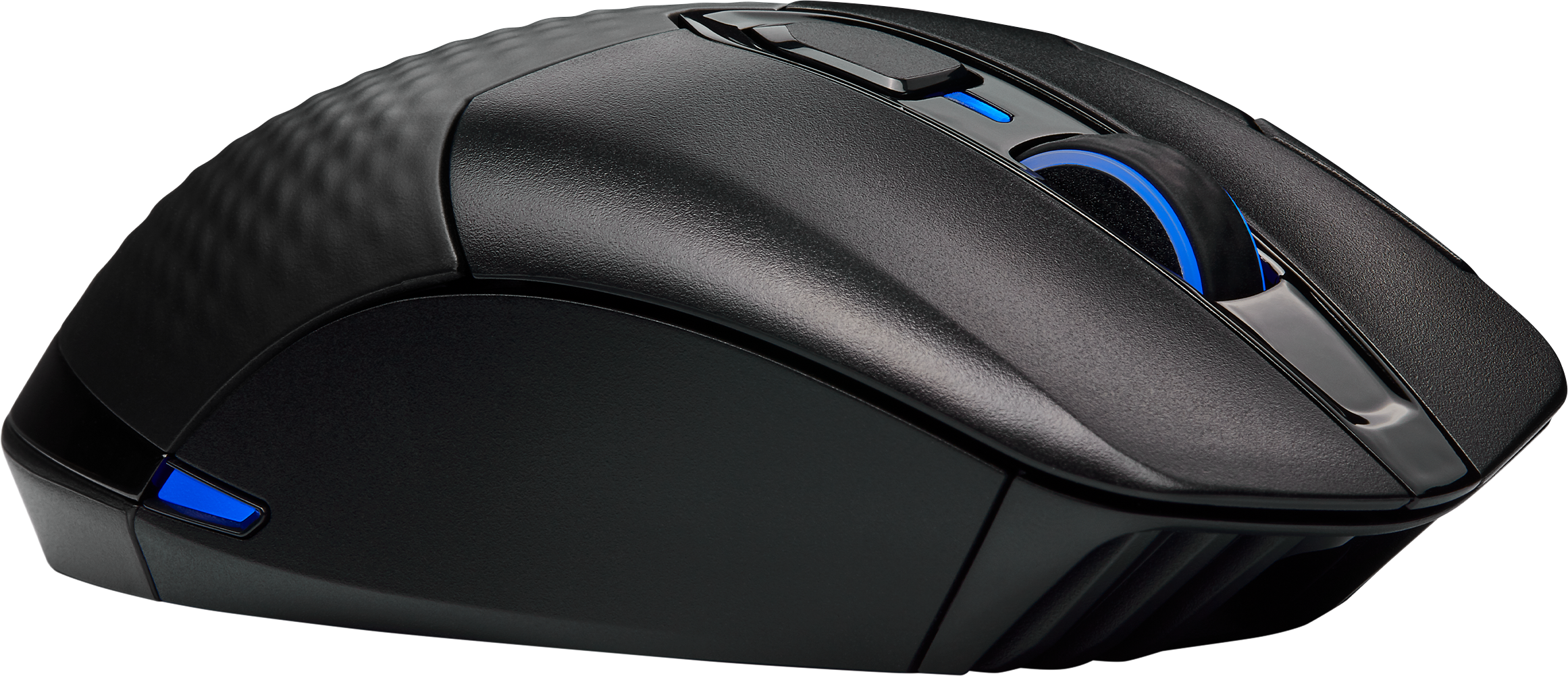 Schwarze Computermaus mit blauen Akzentlichtern. Die Maus ist für Spiele mit mehreren Tasten konzipiert.