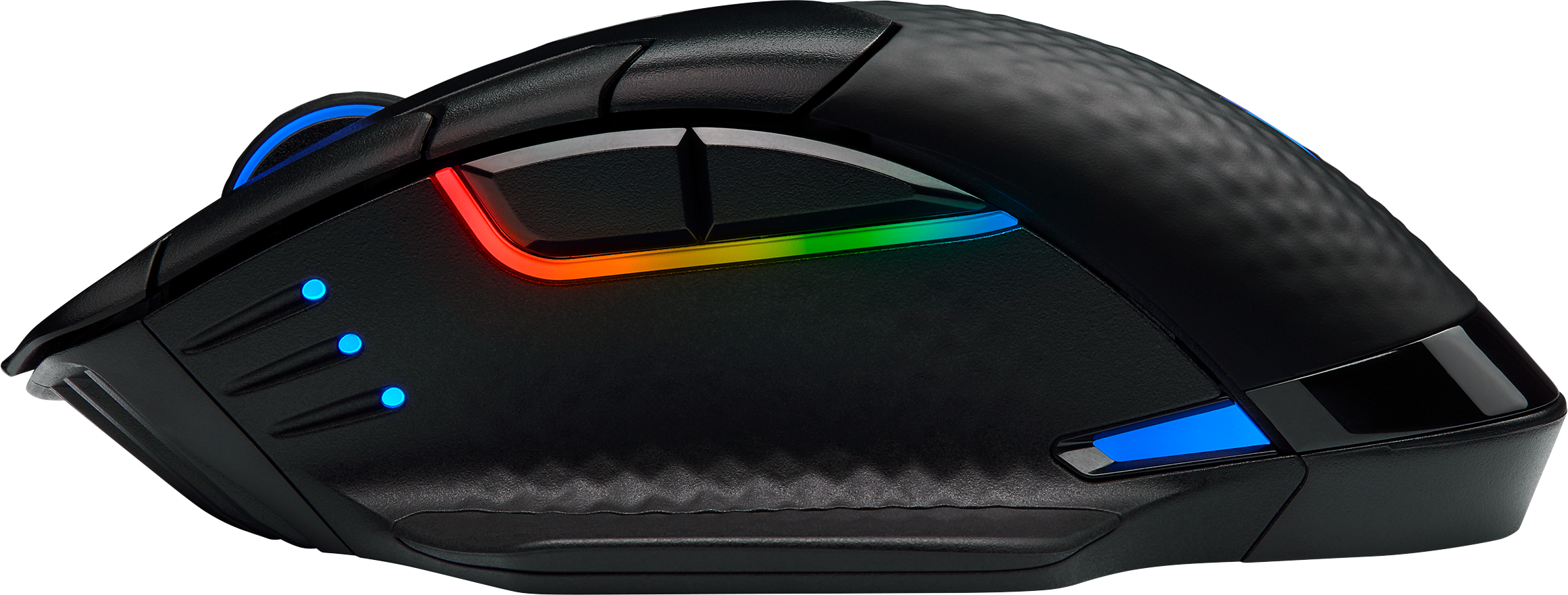 Schwarze Gaming-Maus mit RGB-Lichtern, Seitenansicht, auf weißem Hintergrund.