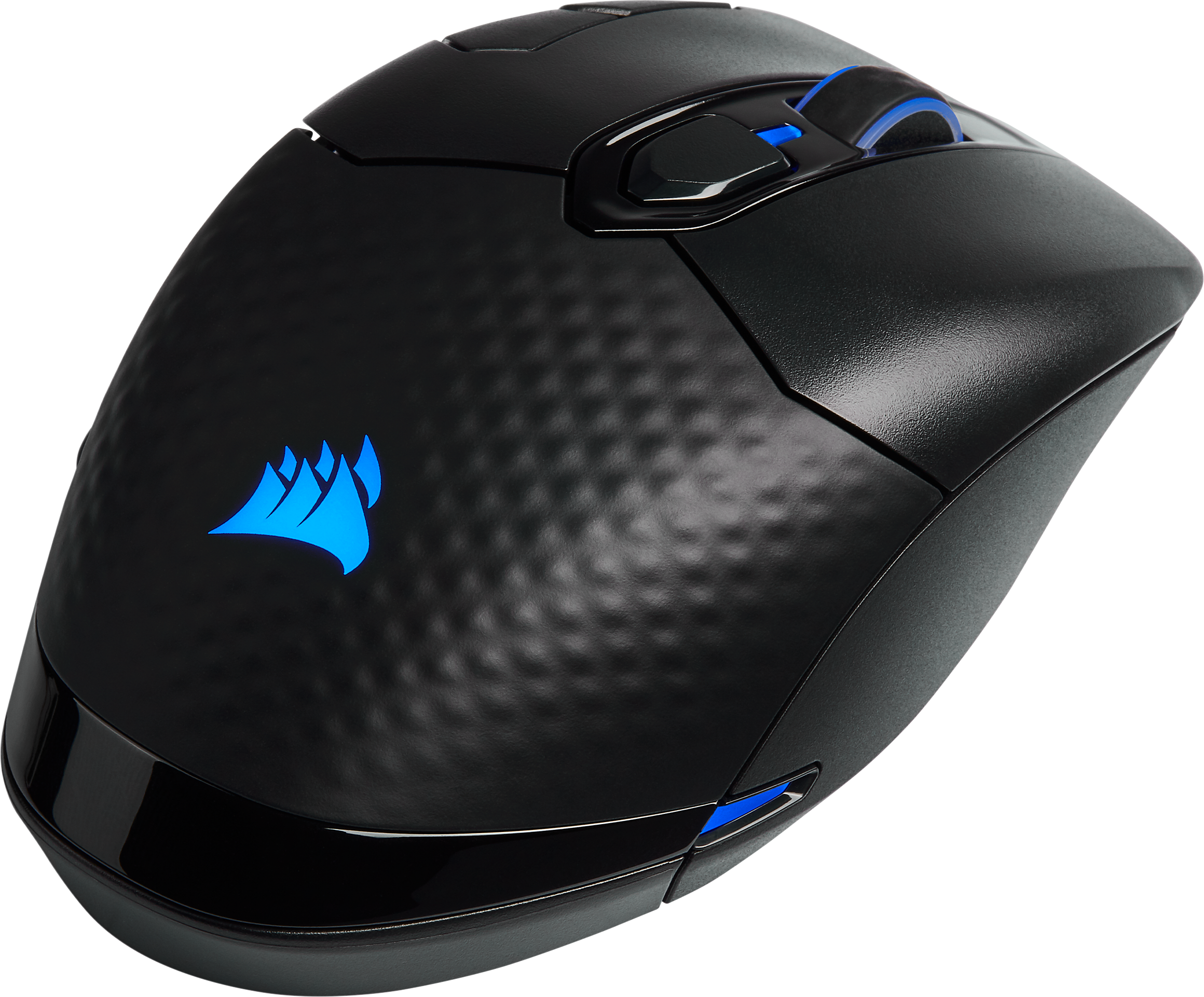 Schwarze Gaming-Maus mit blauem Logo und Tasten, auf schwarzem Grund.