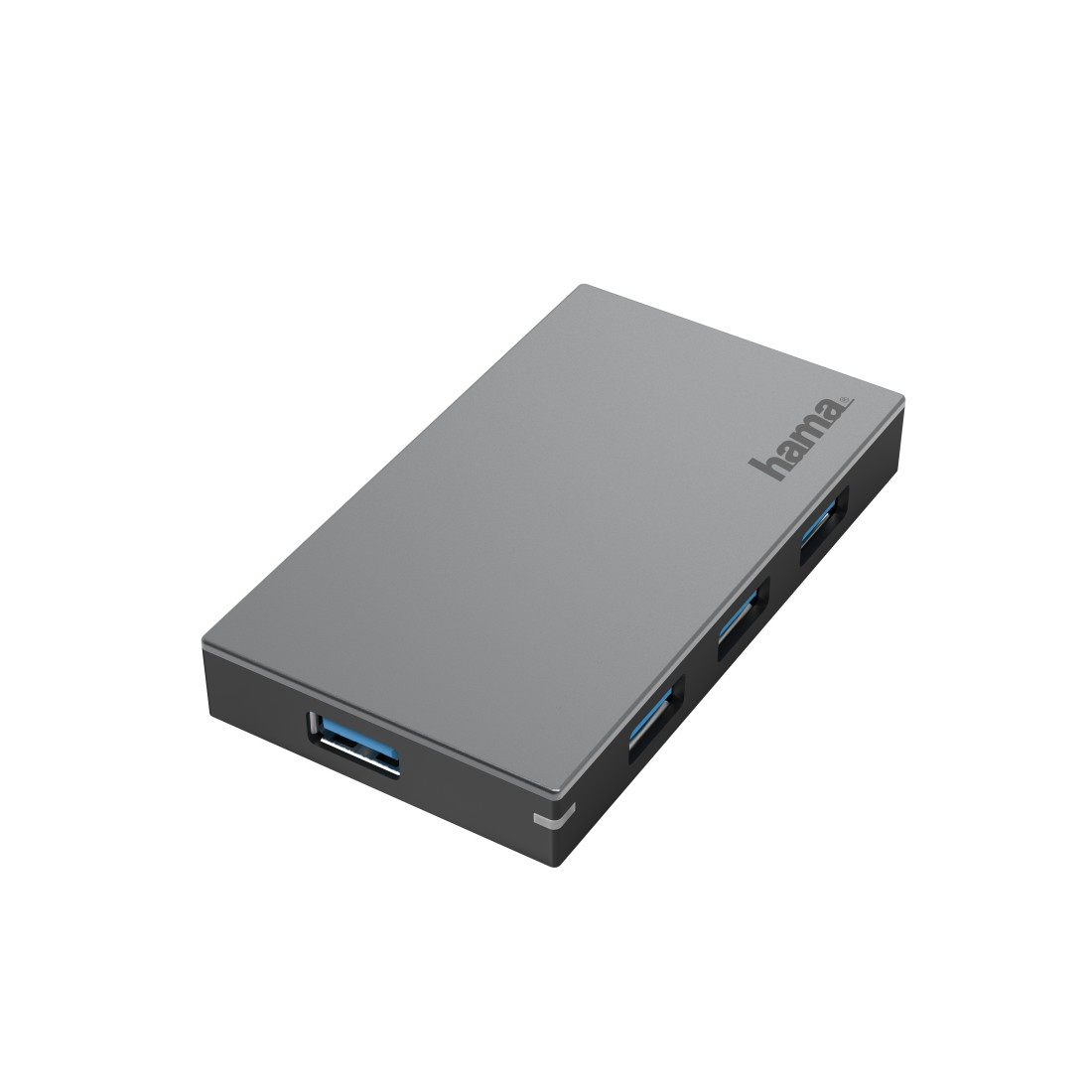 Ein grauer USB-Hub mit vier blauen USB-Anschlüssen, beschriftet mit Hama.
