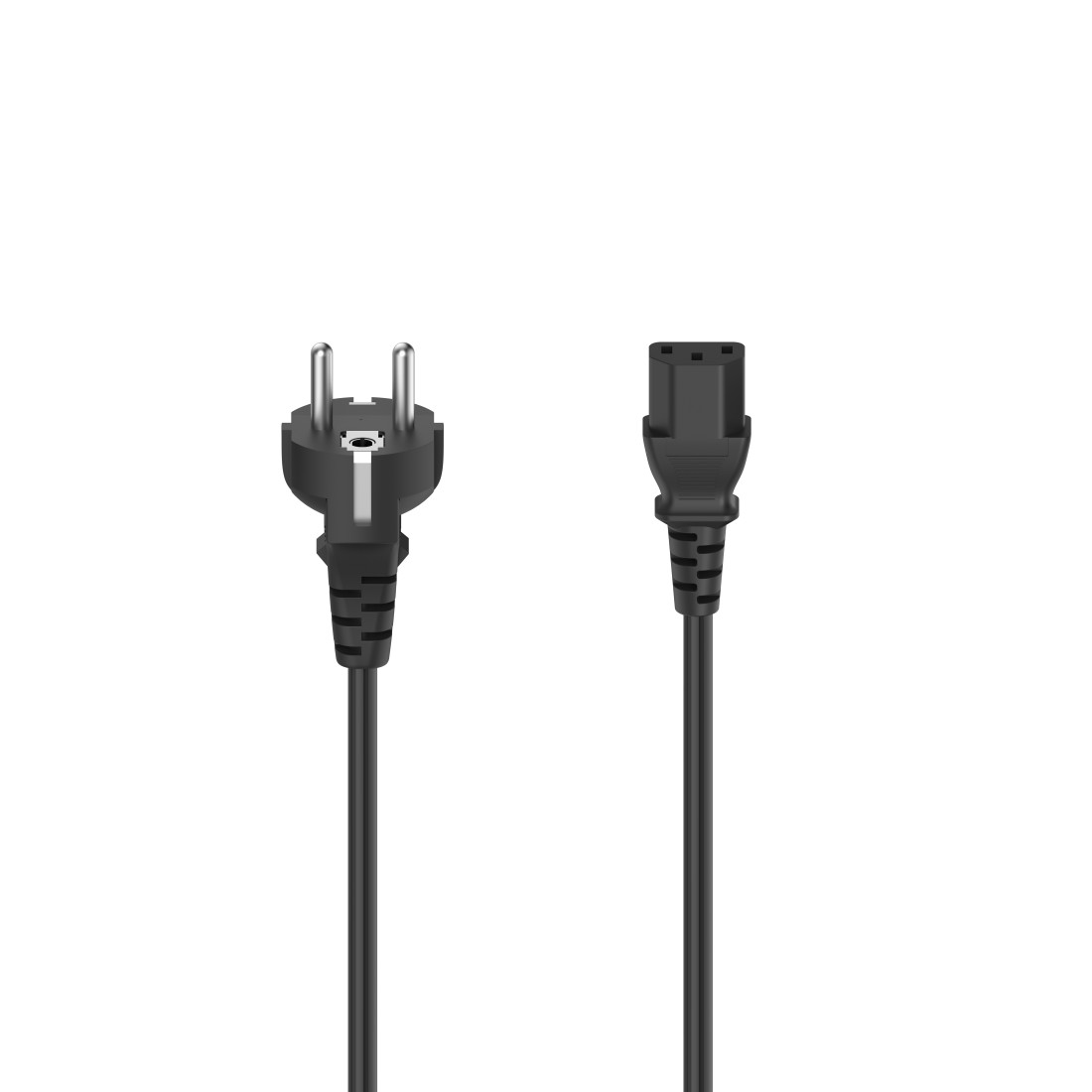 Ein schwarzes Stromkabel mit einem Stecker und einer Buchse, isoliert auf weißem Hintergrund.