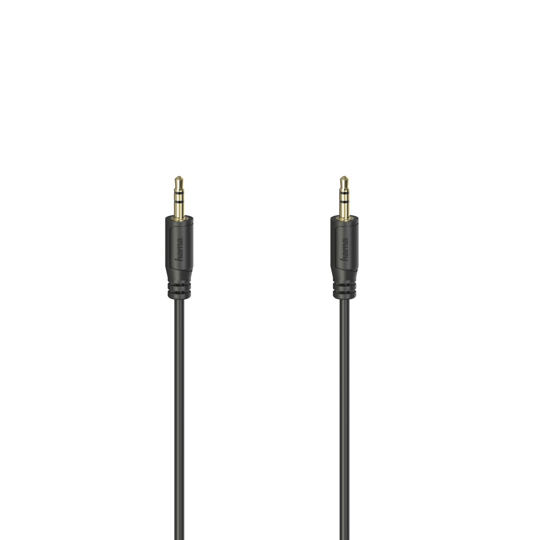 Zwei schwarze Audiokabel mit goldfarbenen Steckern auf weißem Hintergrund. Die Stecker sind 3,5-mm-Klinken.
