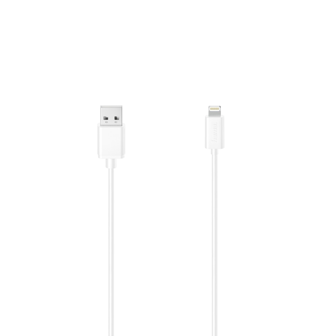 Zwei weiße Kabel, ein USB, ein Lightning. Weißer Hintergrund.
