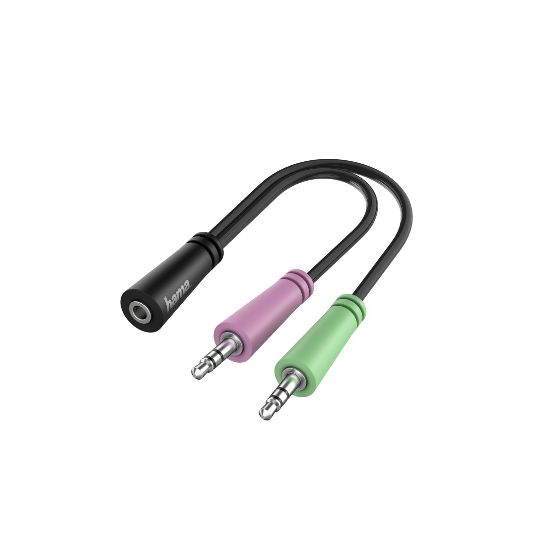 Ein schwarzes Audiokabel mit einem weiblichen Stecker und zwei farbigen männlichen Steckern.