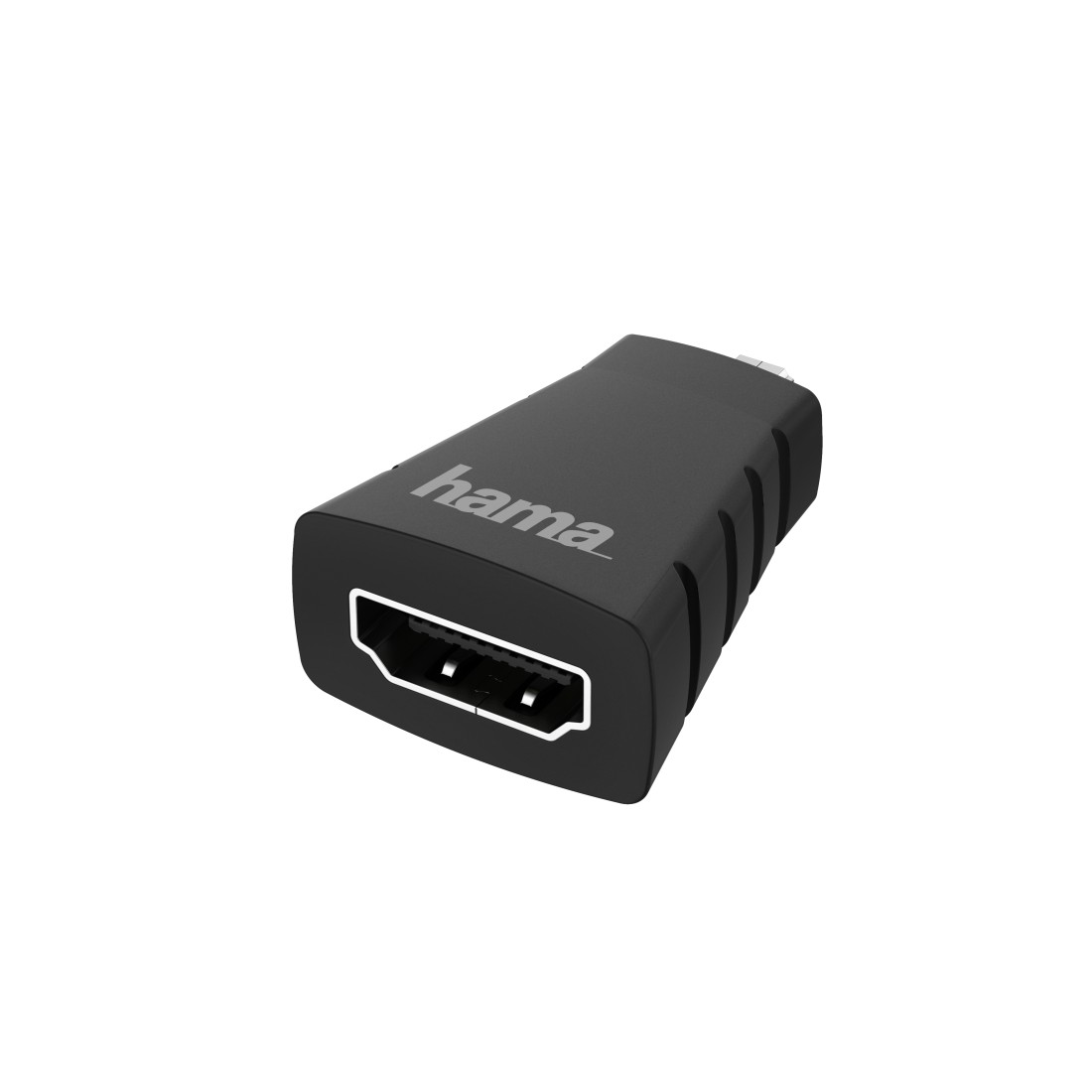 Schwarzer HDMI-Adapter mit 'hama'-Logo, weißer Hintergrund.